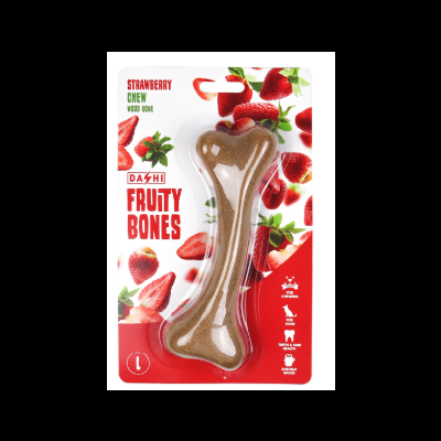 Ossos de mastigar para cães sabor morango FRUITY BONES em embalagem vermelha com imagens de morangos