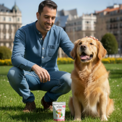 Homem ajoelhado com cão golden retriever e pacote de snacks para cães num parque urbano