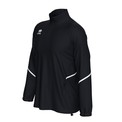 Camisola desportiva preta com gola alta e detalhes brancos