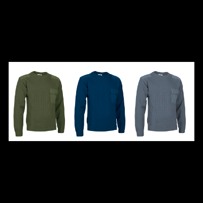 Três camisolas de manga comprida com bolso no peito em verde-oliva, azul escuro e cinzento