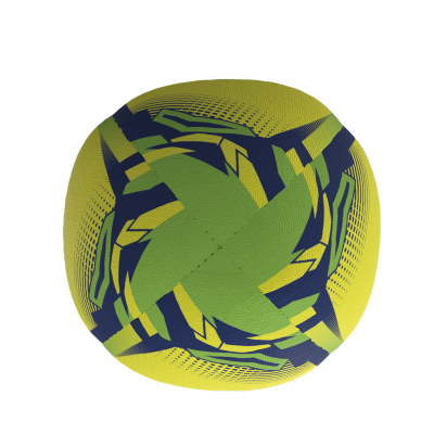 Almofada quadrada com padrão geométrico verde, amarelo e azul escuro