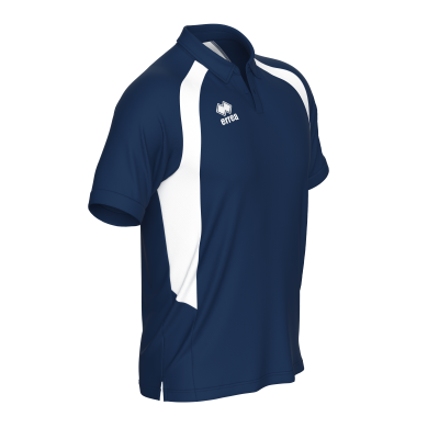 Polo desportivo azul escuro com faixas brancas e logotipo errea