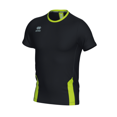 Camiseta desportiva preta com detalhes amarelo-limão e logo ERREA branco