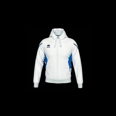 Casaco desportivo branco com capuz e detalhes azuis
