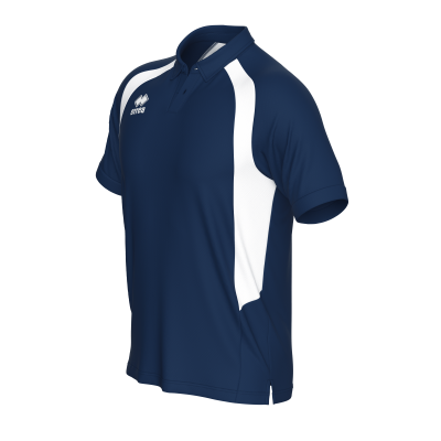 Polo desportivo azul escuro com detalhes brancos e logótipo STYKS