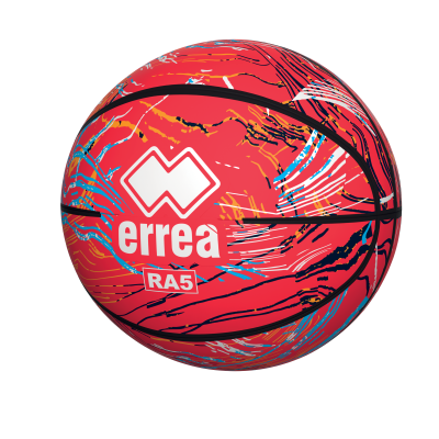 Bola de basquetebol vermelha com padrões coloridos e texto 'errea' e 'RA5'