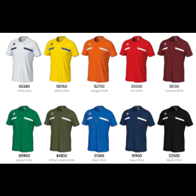 Dez t-shirts coloridas com detalhes contrastantes e códigos abaixo de cada t-shirt