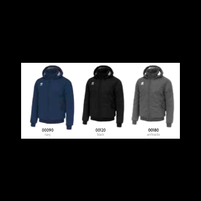 Três casacos com capuz em azul marinho, preto e antracite, com logotipo branco e números na base