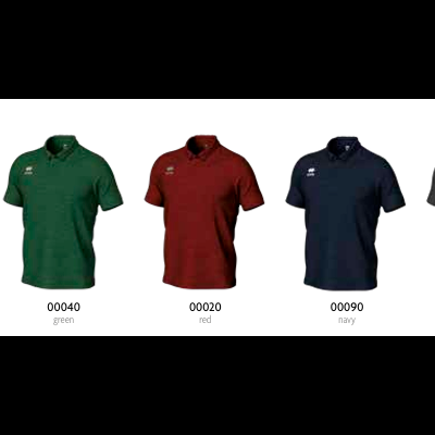 Cinco polos coloridos com logótipos brancos e códigos de cores