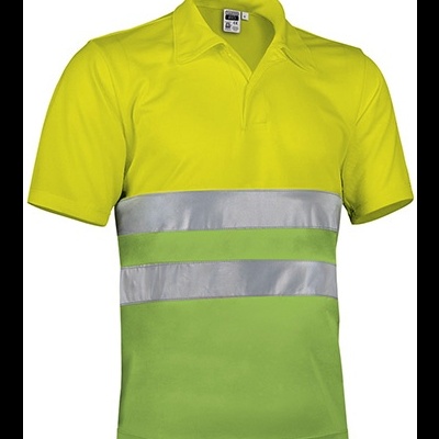 Polo de manga curta bicolor verde lima e amarelo fluorescente com faixas refletoras prateadas
