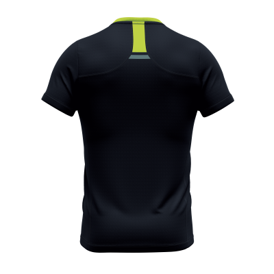 T-shirt preta de manga curta vista de trás com detalhe amarelo