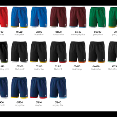 Calções desportivos de várias cores e combinações, organizados em quatro fileiras sobre fundo branco.