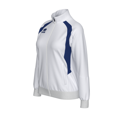 Casaco desportivo branco com riscas azuis laterais e fecho zip