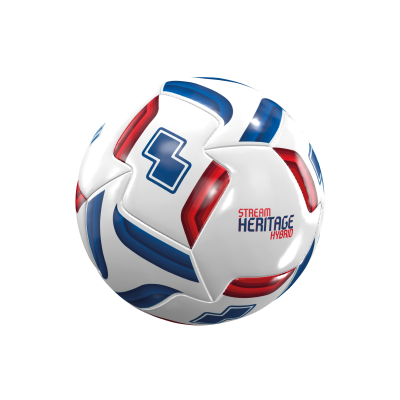 Bola de futebol branca com padrões azul e vermelho e texto Stream Heritage Hybrid