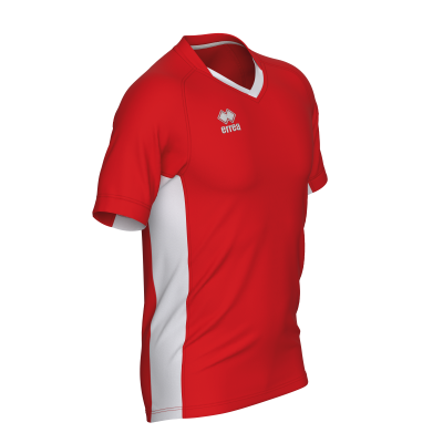 T-shirt desportiva vermelha com pormenores brancos laterais e logótipo errea.