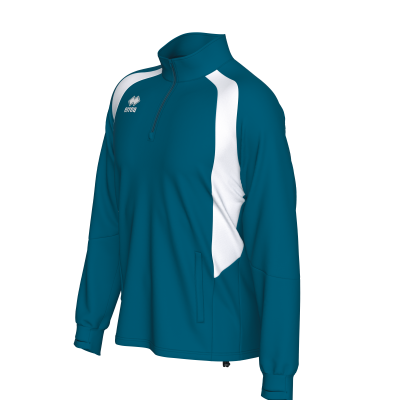 Camisola desportiva azul e branca com fecho até ao peito e logótipo