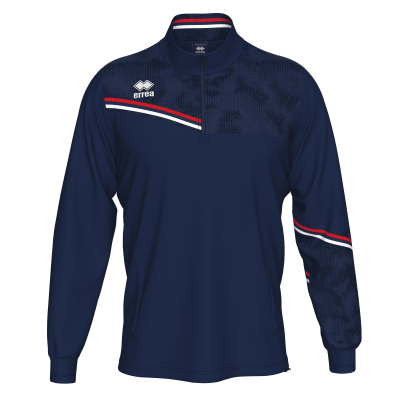 Sweatshirt desportiva azul escura com faixas vermelha, branca e azul e logótipo errea