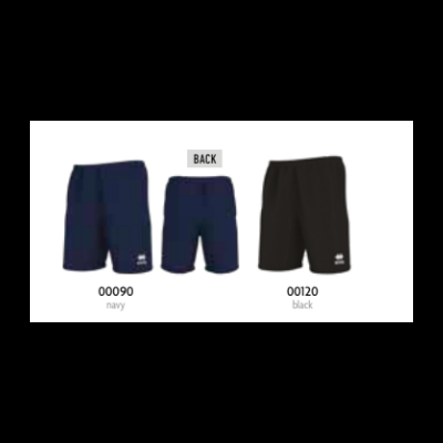 Calções azuis navy e pretos com logótipo branco e ilhóses laterais, mostrados de frente e costas