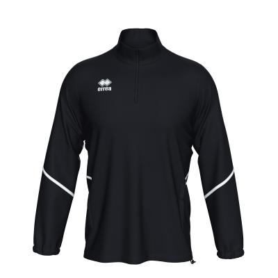 camisola preta de manga comprida com fecho curto e detalhes brancos