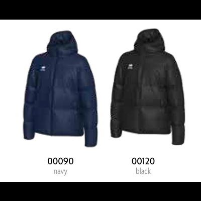 Dois casacos acolchoados, azul marinho e preto, com capuz e bolso lateral.