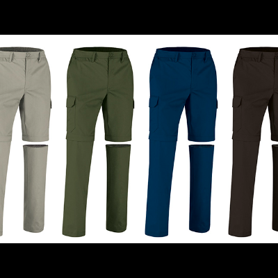 Quatro calças tipo cargo em várias cores alinhadas lado a lado