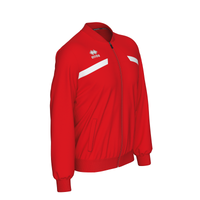 Casaco desportivo vermelho com fecho, detalhes brancos e logotipo errea