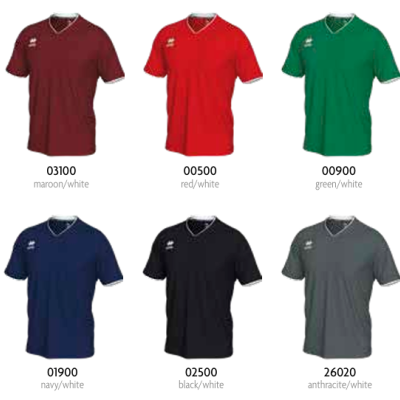 Dez t-shirts de manga curta com gola em V em várias cores com detalhes em branco e códigos associados.