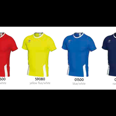 Seis t-shirts desportivas coloridas com códigos e descrições de cores sob cada uma.