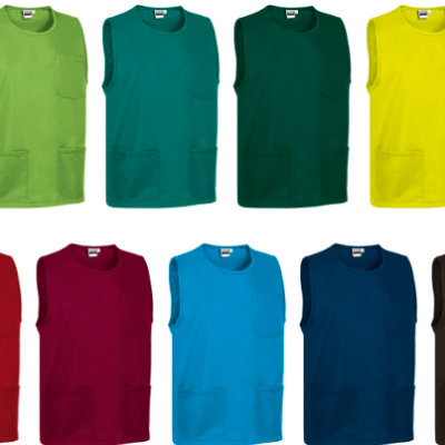 Dez coletes coloridos com bolsos frontais em duas filas