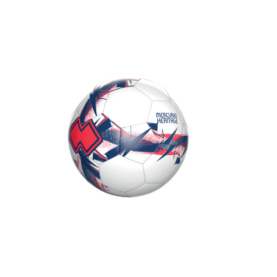 Bola de futebol branca com padrões geométricos vermelhos e azuis