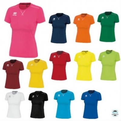 Doze t-shirts coloridas de manga curta com logo branco no peito e colarinho em V.