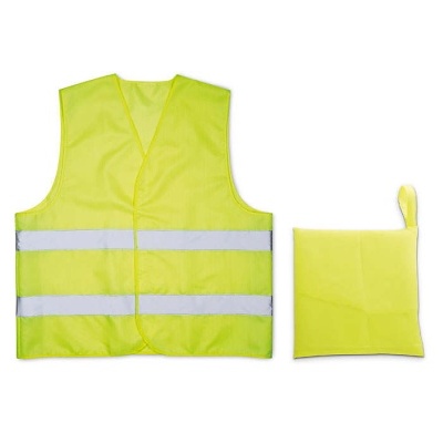 Colete de segurança amarelo fluorescente com faixas refletoras e estojo amarelo