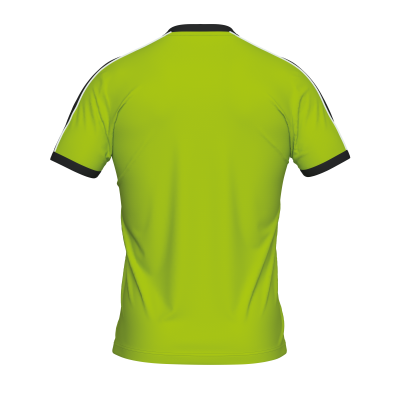 T-shirt verde-limão com gola e punhos pretos e risca branca nas mangas vista de costas