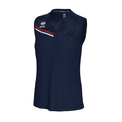 Camisola desportiva sem mangas azul escura com detalhes em vermelho e branco