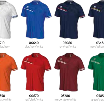 Conjunto de onze t-shirts coloridas com detalhes brancos e referências numéricas embaixo