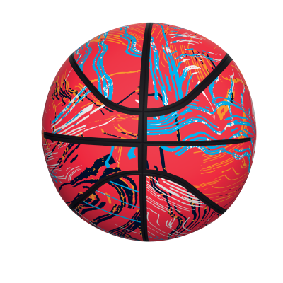 Bola de basquetebol vermelha com padrões coloridos e linhas pretas