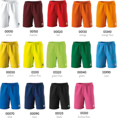 Diversos calções desportivos de várias cores alinhados em fundo branco com códigos e nomes de cores.