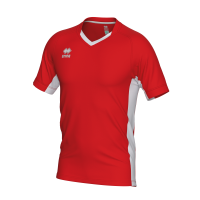 T-shirt desportiva vermelha com detalhes brancos e logótipo errea