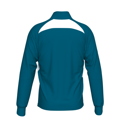 Casaco desportivo azul com detalhes brancos visto de costas