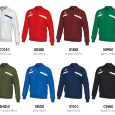 Oito casacos esportivos coloridos com faixas brancas