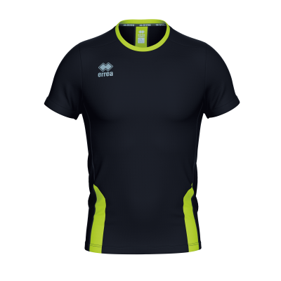 T-shirt desportiva preta com detalhes amarelo-limão e logo errea