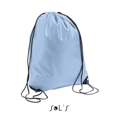 Mochila saco azul claro com cordões pretos e marca SOL'S