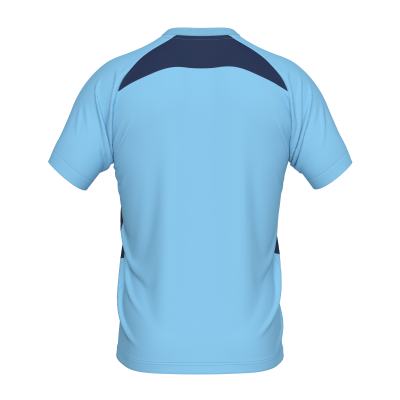 Camisola desportiva azul claro com detalhes azul escuro vista pelas costas