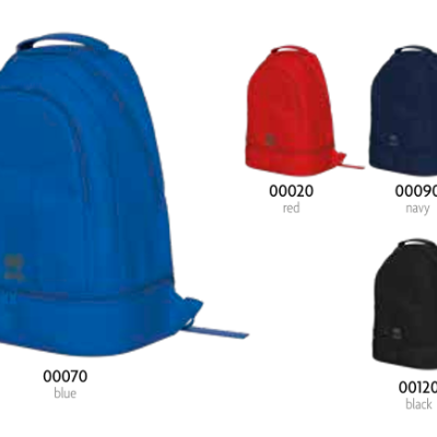 Quatro mochilas em azul, vermelho, azul marinho e preto com códigos numéricos.
