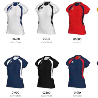 Doze t-shirts desportivas femininas coloridas com códigos e nomes de cores