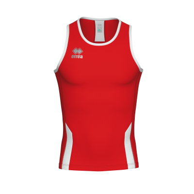 Camisola desportiva vermelha com detalhes brancos e logotipo errea