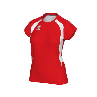 T-shirt desportiva vermelha com detalhes brancos e logótipo errea