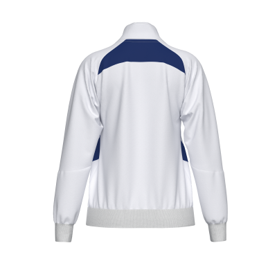Casaco desportivo branco com detalhes azuis nas costas e laterais