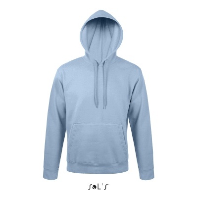 Sweatshirt com capuz azul claro, bolso canguru e cordões no capuz