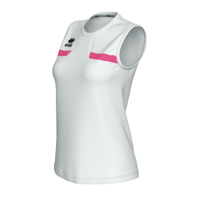 Camisola desportiva branca sem mangas com risca rosa e logo Errea